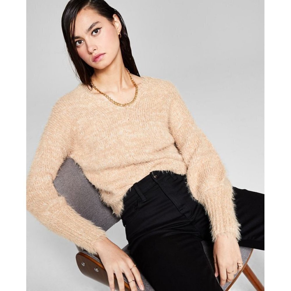 And Now This Juniors Size XS V Neck Eyelash Fuzzy Pullover Sweater Pink $44